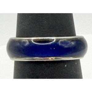 Silver Tone Blue Inlay Band Ring Size 7 Modern Minimalist Unisex